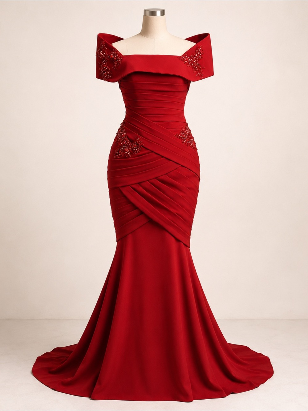 Red Off-Shoulder Mermaid Wedding Gown